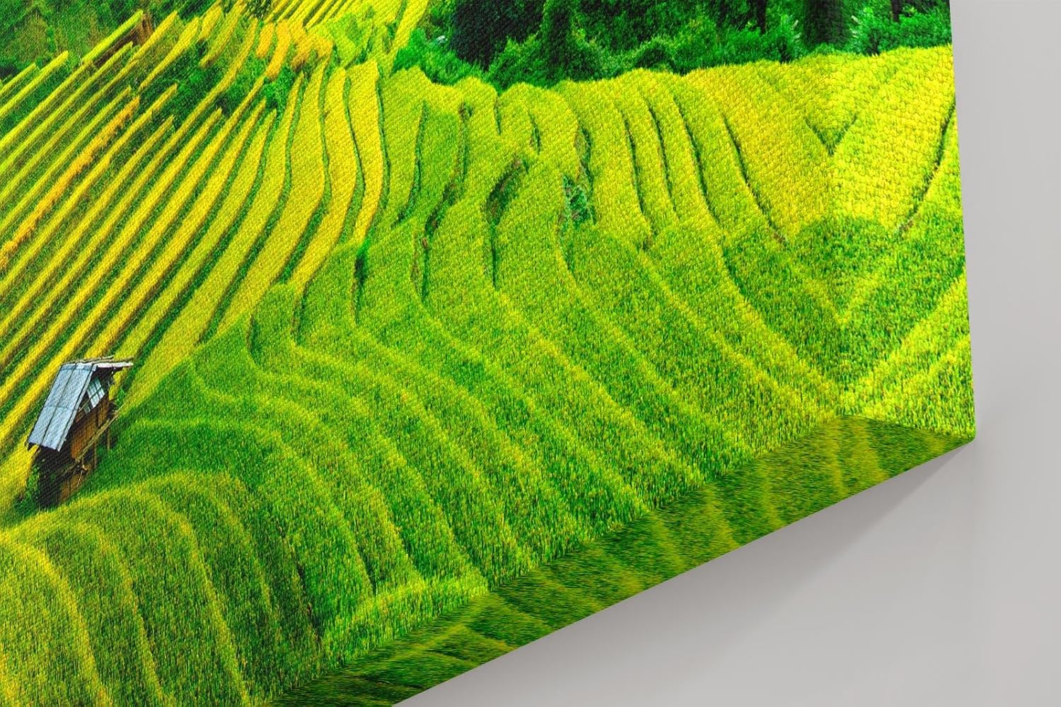 Sinus Art Wandbild 120x80cm Gestufte Reisterrassen in leuchtendem Grün vor Bergkulisse und weitem Himmel