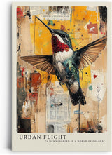 Paul Sinus Leinwandbild 60x90cm Leinwandbild Urban Flight – Farbenfroher Kolibri auf abstraktem Hintergrund, moderne Mixed-Media-Kunst