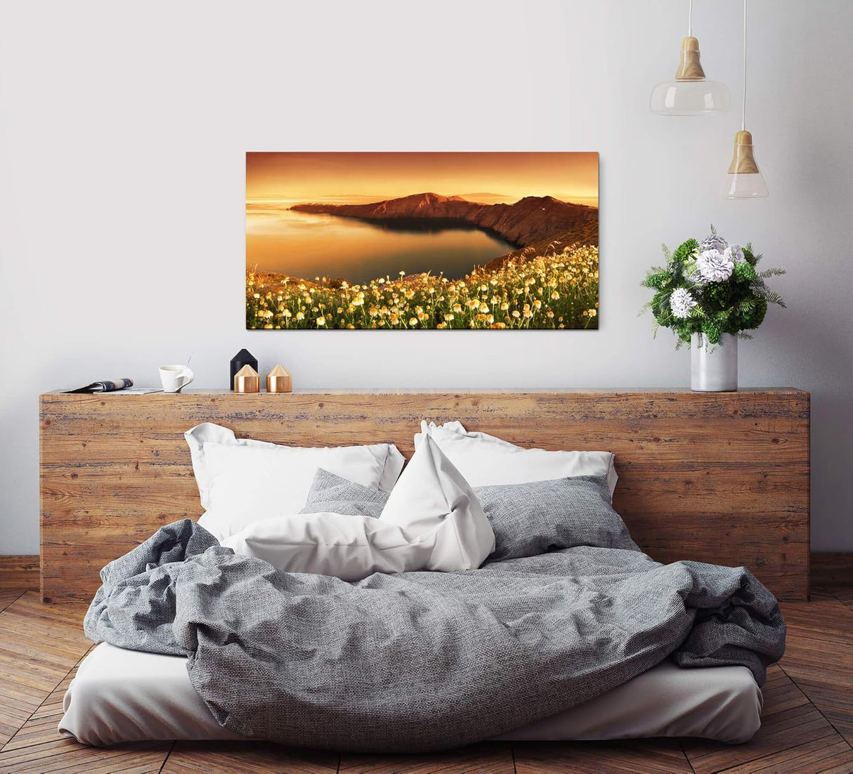 Sonnenuntergang in Santorini ca. 130x70cm Wandbild inklusive Schattenfugenrahmen schwarz - Panorama Leinwand Bild XXL Format Wandbilder Wohnzimmer Wohnung Deko Kunstdrucke