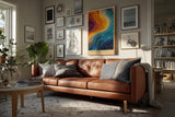 Paul Sinus Wandbild in 40x60cm The Vibrant Current – Abstrakte Farbströme in leuchtendem Blau, Orange und Gelb, inspiriert von kosmischen Bewegungen und kreativer Energie