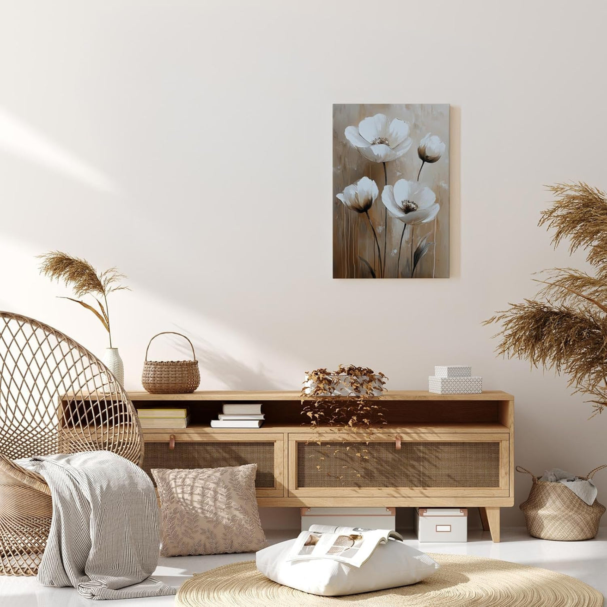 Paul Sinus 60x90cm Wandbild Zarte Blüten in Beige – Florale Anmut in moderner Raumkunst Blume