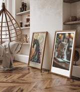 Paul Sinus Leinwandbild 80x120cm Leinwandbild Nachdenkliche Katze im Café – Charmante Szene mit flauschigem Kätzchen, gemütliche Atmosphäre, warmes Licht