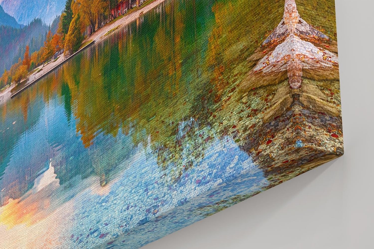 Sinus Art Wandbild 120x80cm Bunt gefärbter Herbstwald am See mit Spiegelung vor alpiner Kulisse für harmonische Raumwirkung