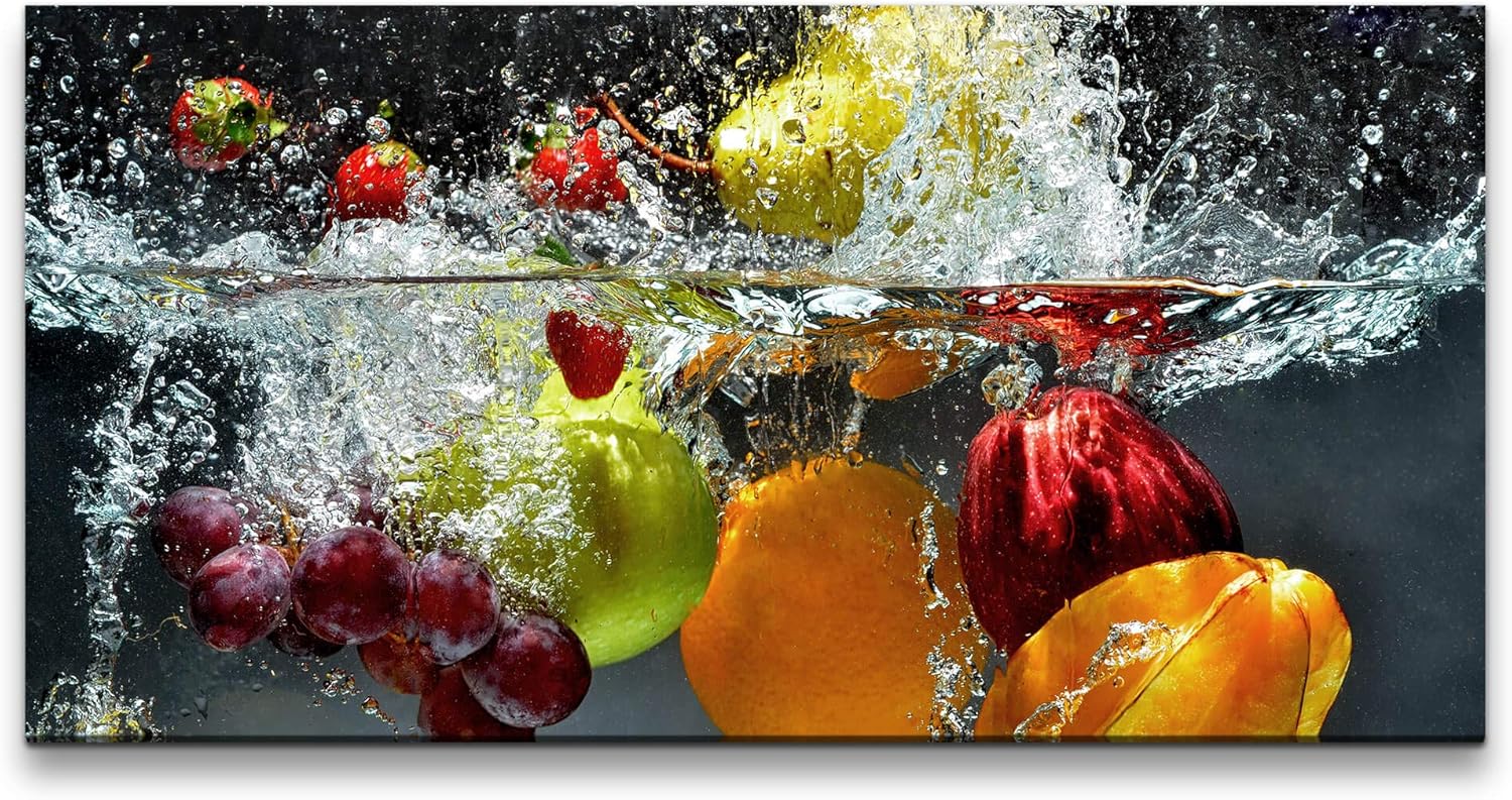 Obst und Gemüse in Wasser ca. 130x70cm Wandbild inklusive Schattenfugenrahmen weiss - Panorama Leinwand Bild XXL Format Wandbilder Wohnzimmer Wohnung Deko Kunstdrucke