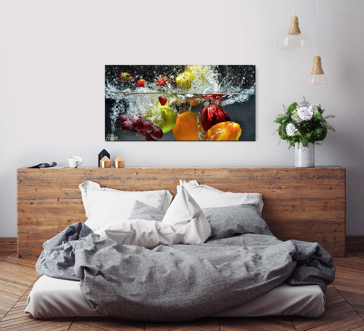 Obst und Gemüse in Wasser ca. 130x70cm Wandbild inklusive Schattenfugenrahmen schwarz - Panorama Leinwand Bild XXL Format Wandbilder Wohnzimmer Wohnung Deko Kunstdrucke
