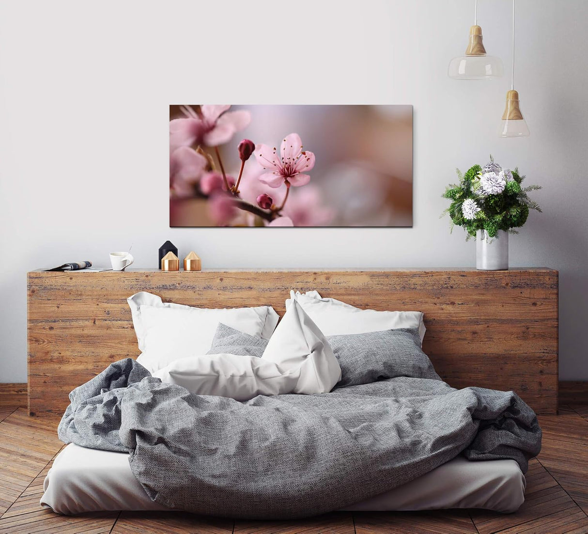 Blumen in rosa ca. 130x70cm Wandbild inklusive Schattenfugenrahmen weiss - Panorama Leinwand Bild XXL Format Wandbilder Wohnzimmer Wohnung Deko Kunstdrucke