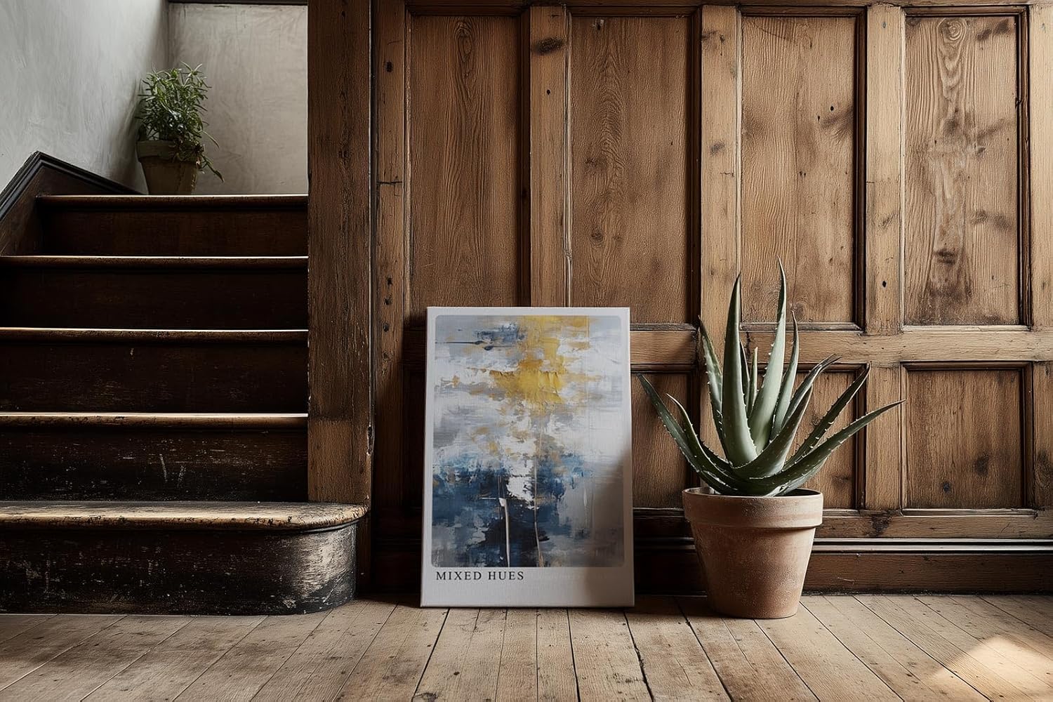 Paul Sinus Kunstdruck 40x60cm Mixed Hues – Farbabstraktion in Blau, Gold und Weiß mit künstlerischer Tiefe und Struktur