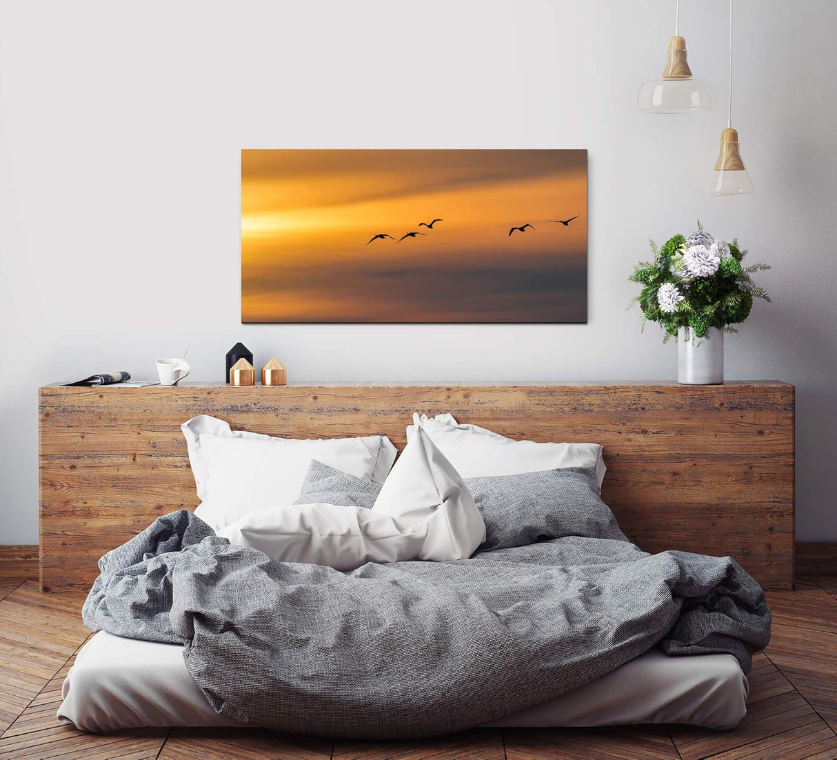 Vögel im Himmel ca. 130x70cm Wandbild inklusive Schattenfugenrahmen weiss - Panorama Leinwand Bild XXL Format Wandbilder Wohnzimmer Wohnung Deko Kunstdrucke