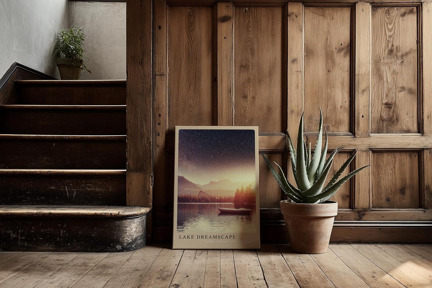 Paul Sinus Kunstdruck 40x60cm Lake Dreamscape – Sternenhimmel über ruhigem Bergsee mit Boot