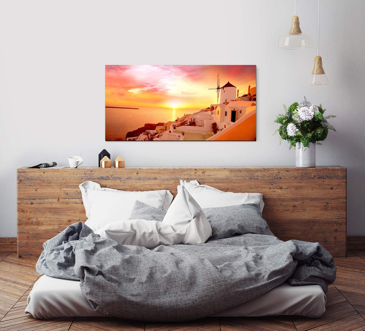 Santorini Stadt Landschaft ca. 130x70cm Wandbild inklusive Schattenfugenrahmen schwarz - Panorama Leinwand Bild XXL Format Wandbilder Wohnzimmer Wohnung Deko Kunstdrucke