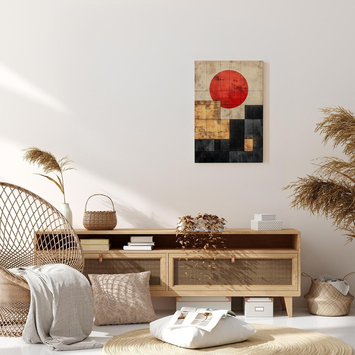 Paul Sinus 60x90cm Wandbild Kraftvolle Geometrie – Abstraktes Fokuskunstwerk mit roter Sonne und klaren Formen