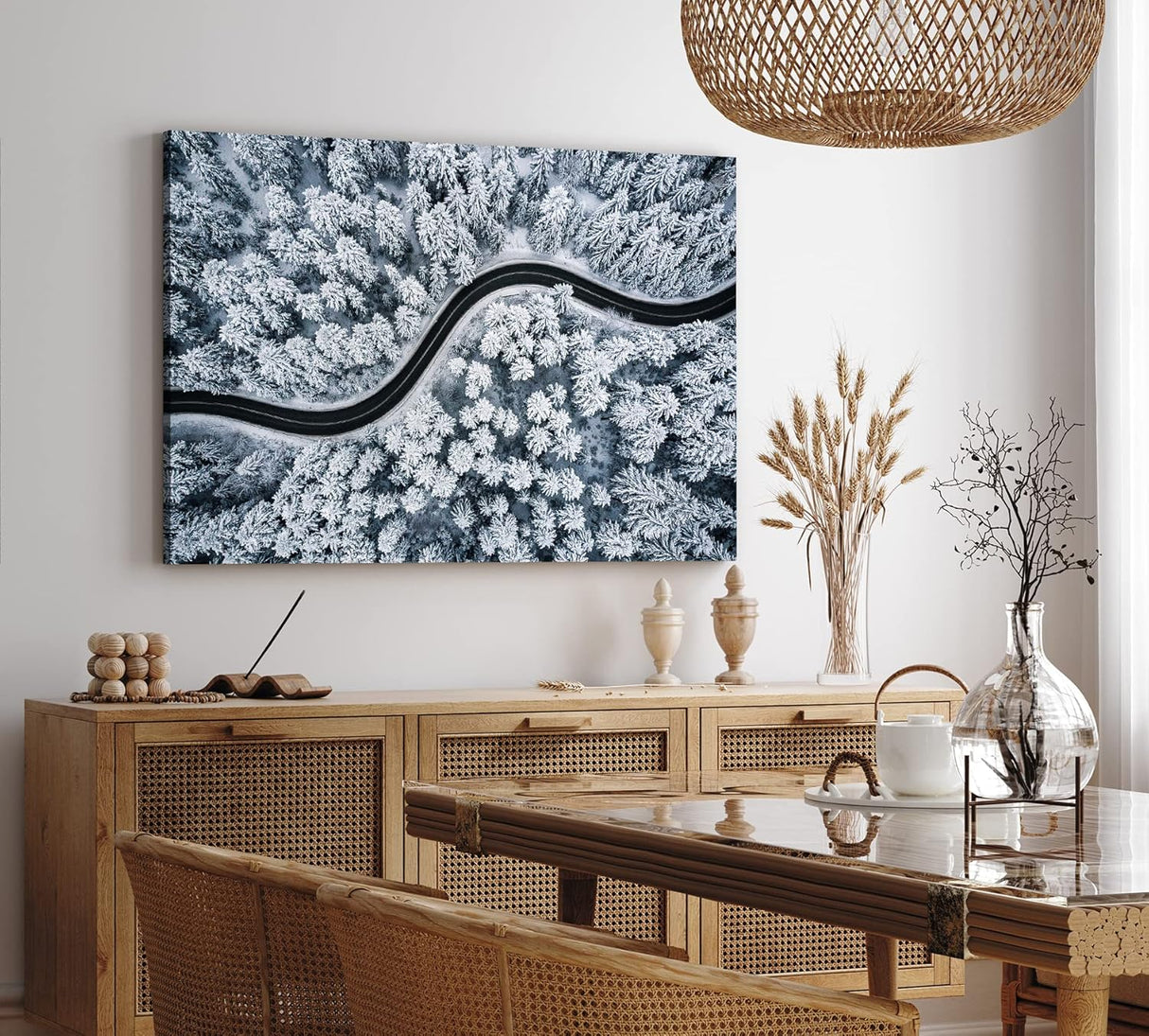 Paul Sinus Wandbild 120x80cm Wald aus der Vogelperspektive Tannenwald Waldstraße Schnee Winter
