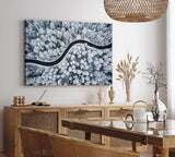 Paul Sinus Wandbild 120x80cm Wald aus der Vogelperspektive Tannenwald Waldstraße Schnee Winter