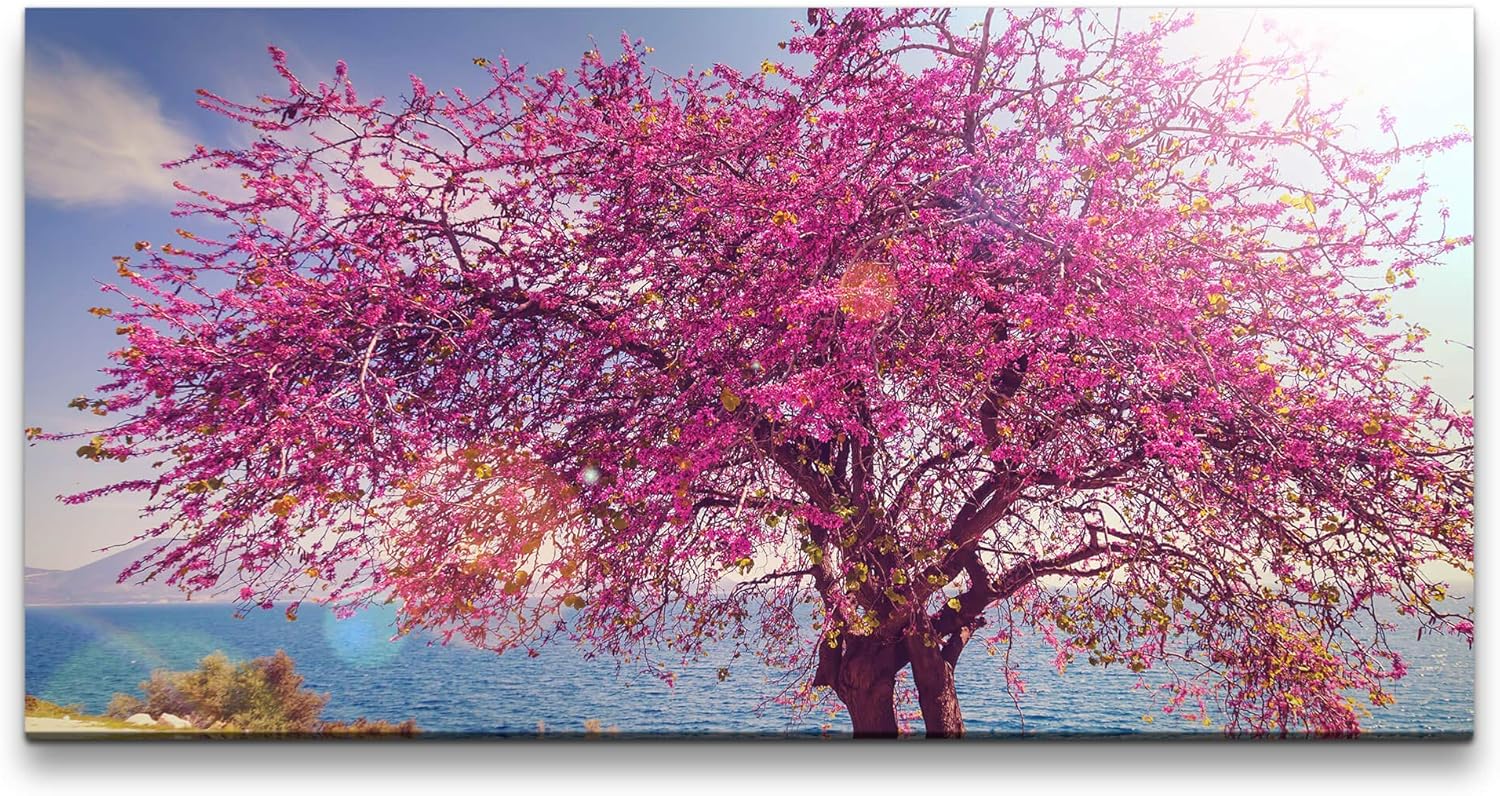 blühender Baum ca. 130x70cm Wandbild inklusive Schattenfugenrahmen weiss - Panorama Leinwand Bild XXL Format Wandbilder Wohnzimmer Wohnung Deko Kunstdrucke