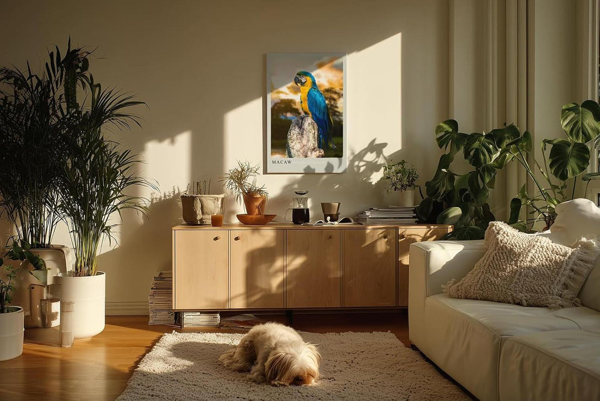 Paul Sinus Kunstdruck 40x60cm Macaw Ara auf Baumstumpf vor Dschungelhintergrund bei Sonnenuntergang