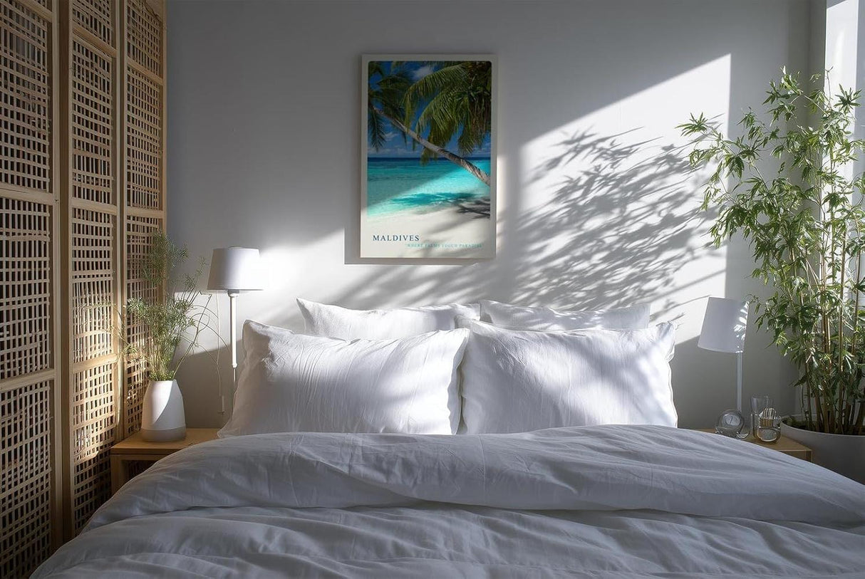 Paul Sinus Kunstdruck 40x60cm Maldives Palmenstrand mit türkisblauem Meer und weißem Sand unter strahlendem Himmel