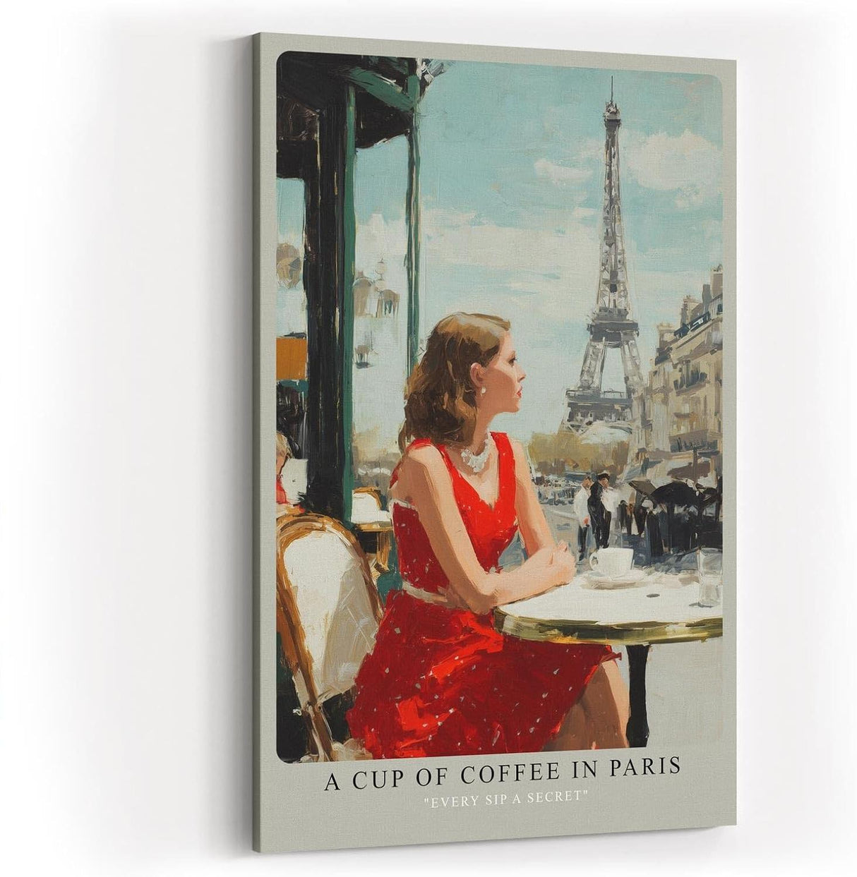Paul Sinus Wandbild in 40x60cm A Cup of Coffee in Paris Bilder einer Frau im roten Kleid in einem Pariser Straßencafé mit Blick auf den Eiffelturm