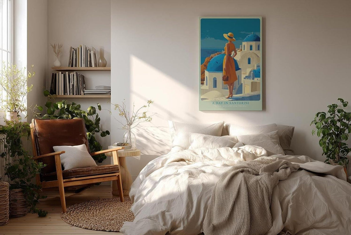 Paul Sinus Wandbild in 40x60cm A Day in Santorini – Frau in orangefarbenem Kleid mit Strohhut vor blau-weißen Kuppeln, sonnige Mittelmeerstimmung