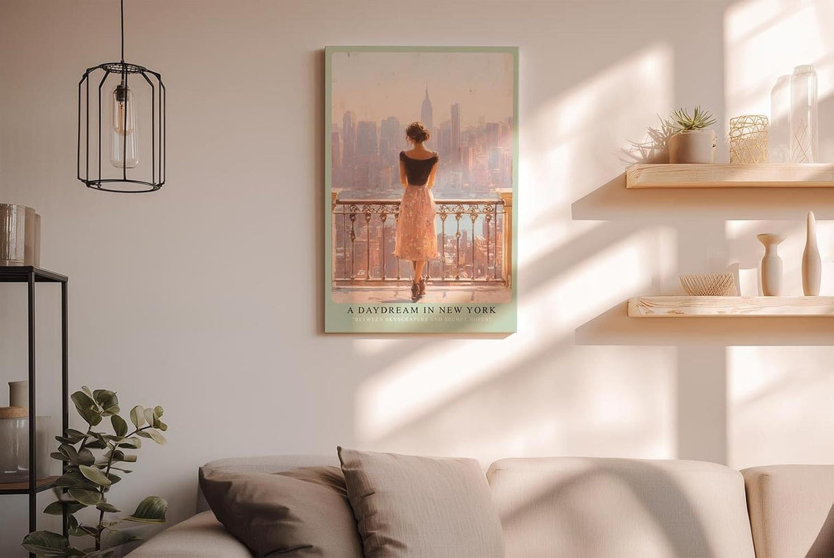 Paul Sinus Wandbild in 40x60cm A Daydream in New York – Frau auf Balkon mit Blick auf Skyline im sanften Licht, romantisches Stadtmotiv
