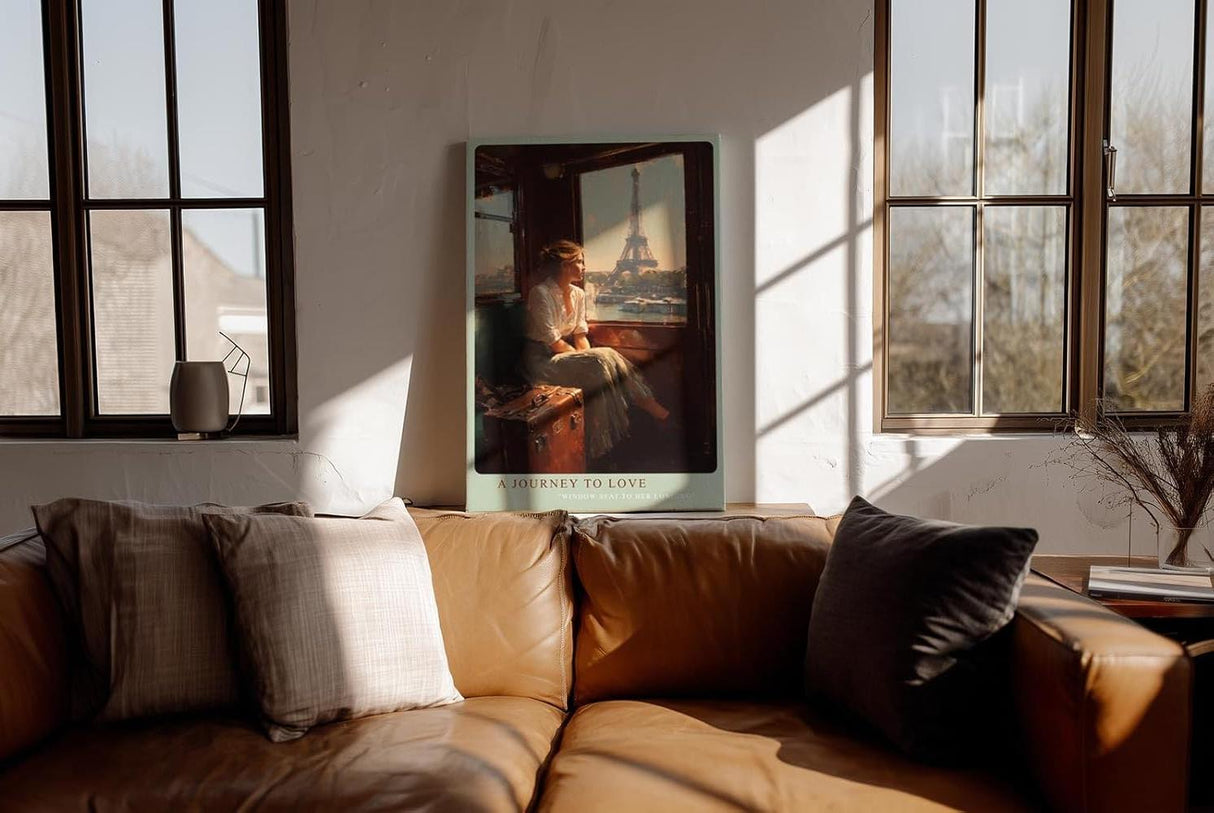 Paul Sinus Wandbild in 40x60cm A Journey to Love – Frau im Zug mit Blick auf den Eiffelturm, warmes Abendlicht, romantisches Paris-Motiv im Vintage-Stil