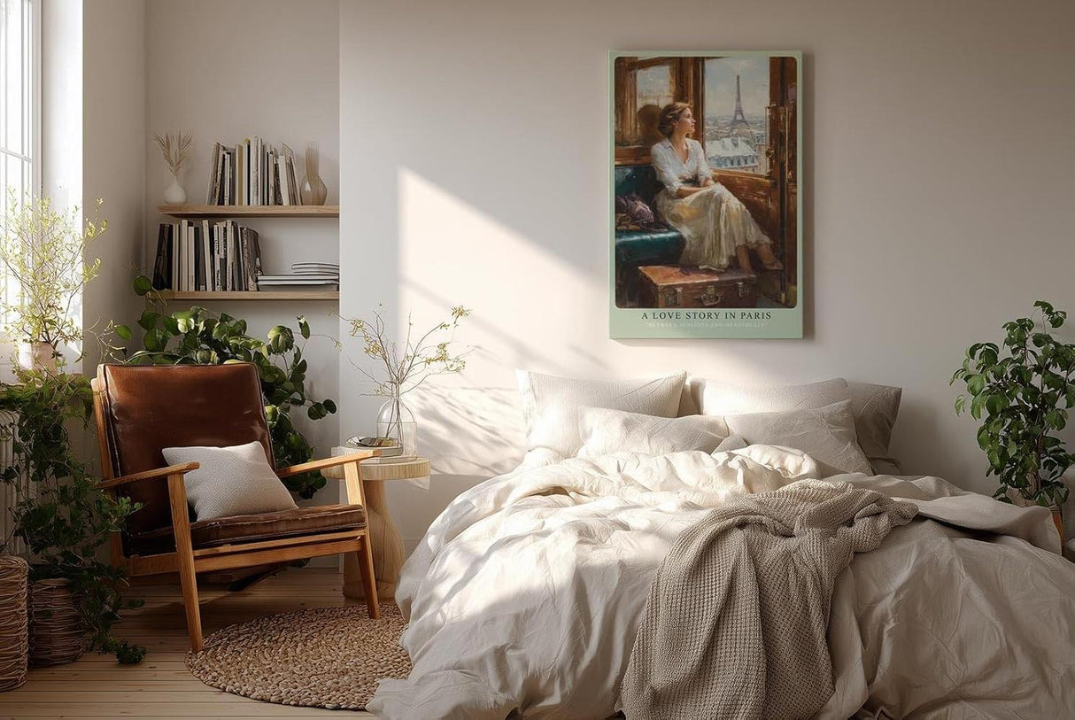 Paul Sinus Wandbild in 40x60cm A Love Story in Paris – Romantische Bahnszene mit Blick auf den Eiffelturm, elegante Frau am Zugfenster, nostalgische Stadtkunst