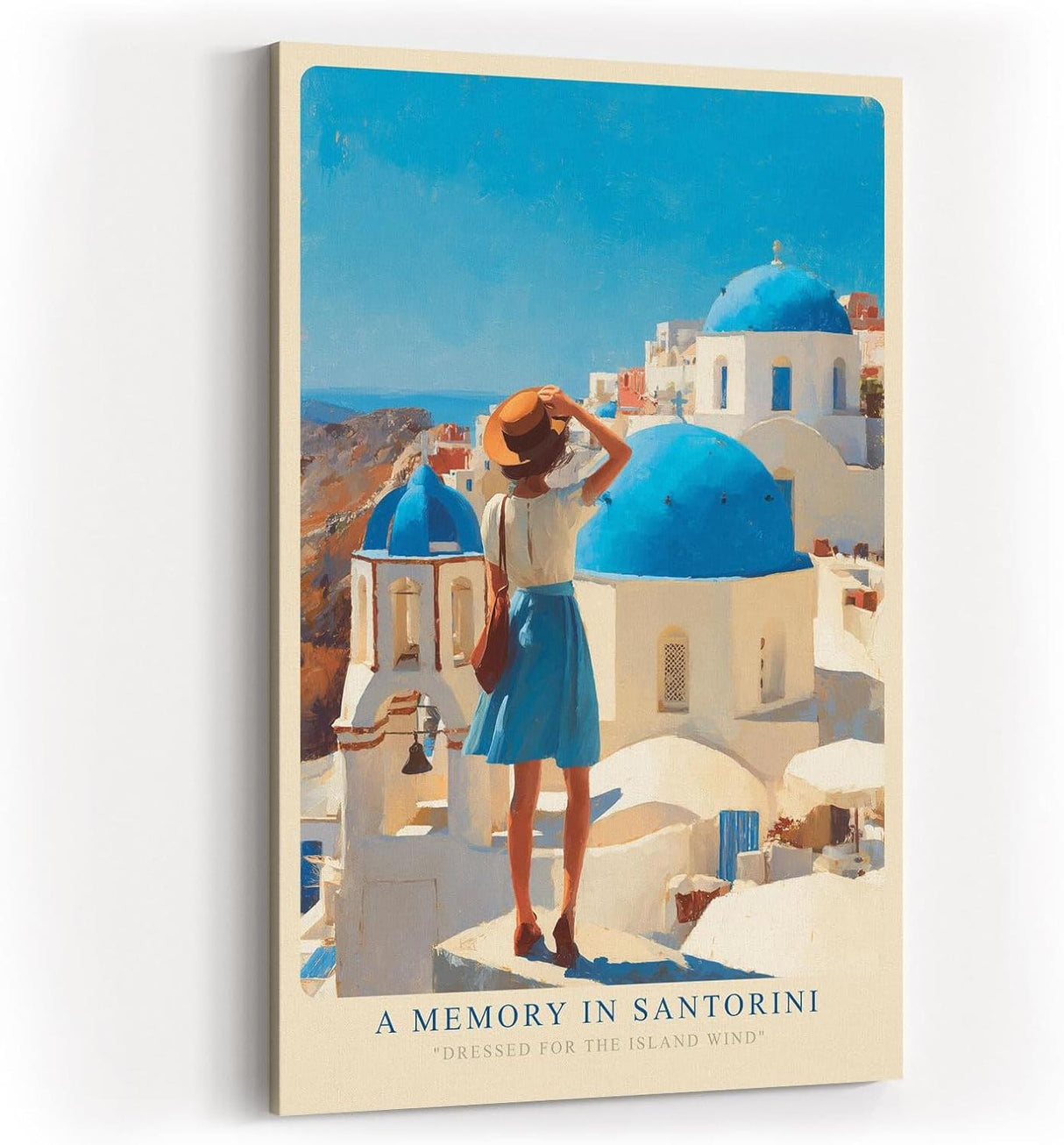 Paul Sinus Wandbild in 40x60cm A Memory in Santorini – Frau in blauem Rock und Strohhut vor weißen Häusern und blauen Kuppeln, sonnige Mittelmeeridylle