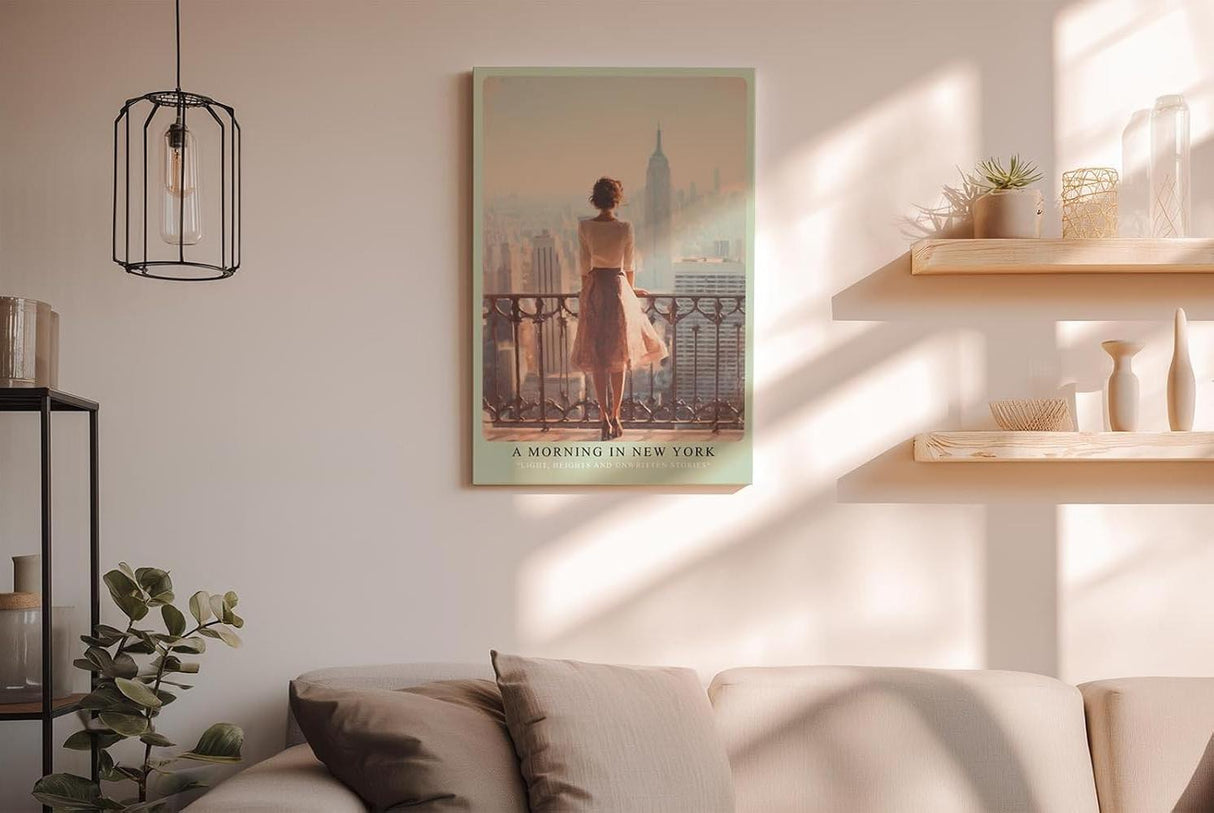 Paul Sinus Wandbild in 40x60cm A Morning in New York – Frau auf Balkon mit Blick auf Empire State Building, stimmungsvolles Stadtmotiv im Morgenlicht