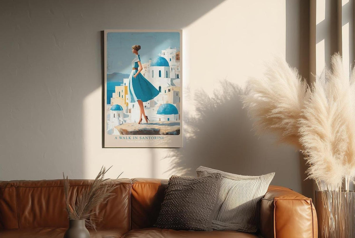 Paul Sinus Wandbild in 40x60cm A Walk in Santorini – Frau im blauen Kleid vor weißen Häusern und blauen Kuppeln, mediterrane Idylle