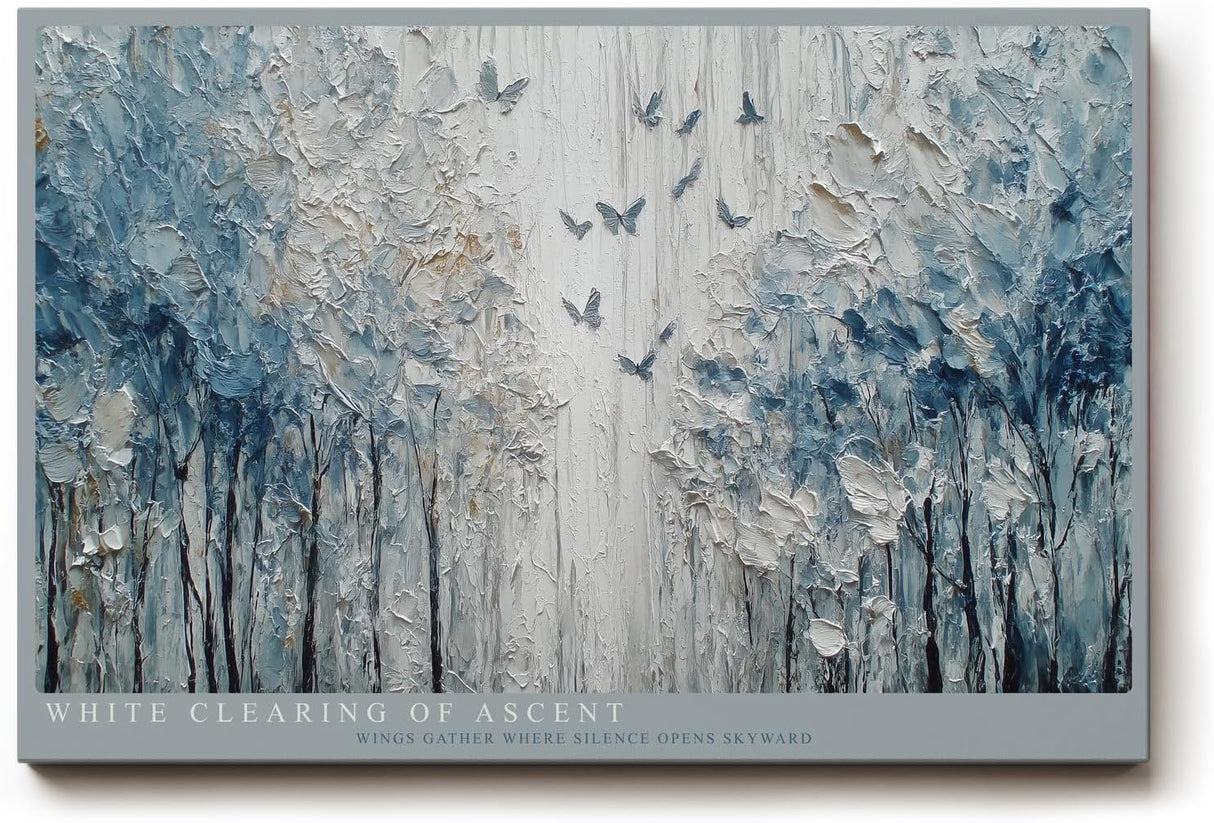 Paul Sinus Wandbild 120x80cm Abstrakter Birkenwald mit Schmetterlingen Strukturkunst in Blau Weiss fuer Wohnzimmer Schlafzimmer und moderne Wohnräume