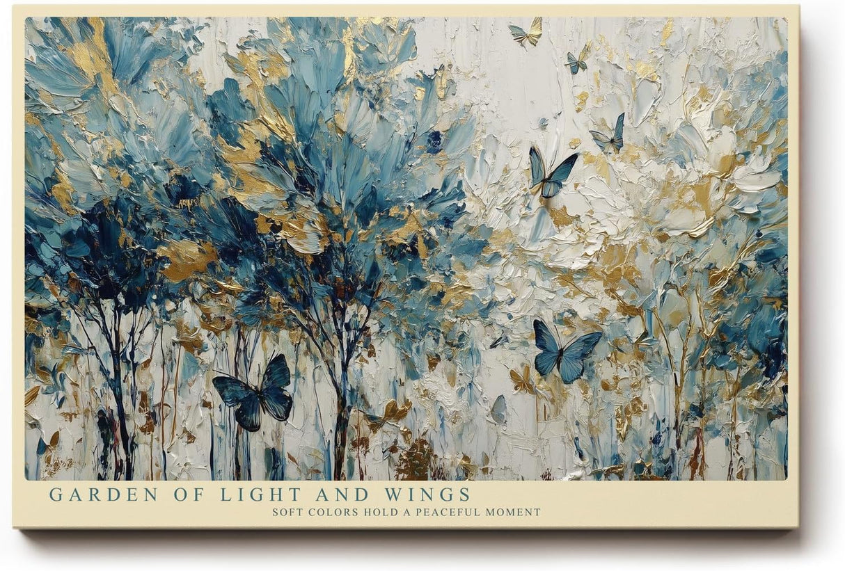 Paul Sinus Wandbild 120x80cm Abstrakter Garten mit Schmetterlingen Blau Gold Natur Kunst Wanddekoration Wohnzimmer Schlafzimmer