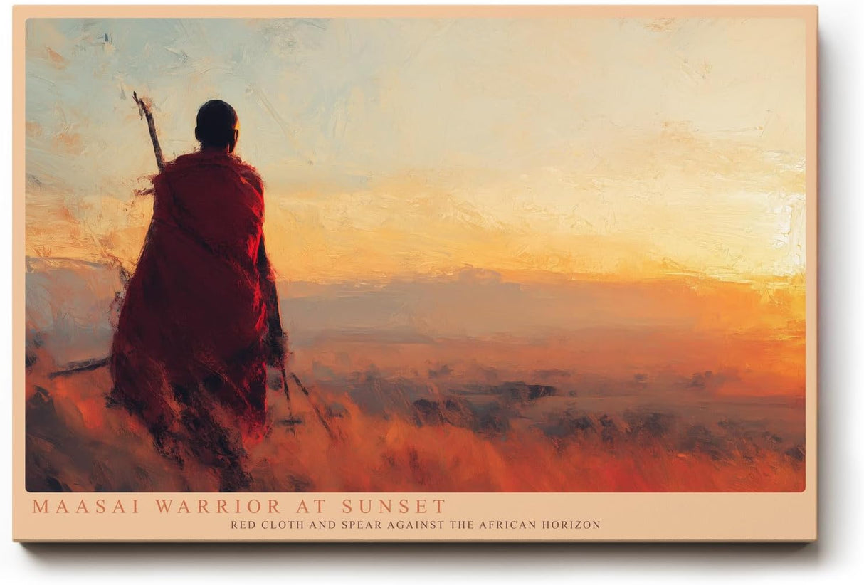 Paul Sinus Wandbild 120x80cm Afrikanische Landschaft Maasai Krieger Sonnenuntergang Natur Kunst Wanddekoration Wohnzimmer Schlafzimmer