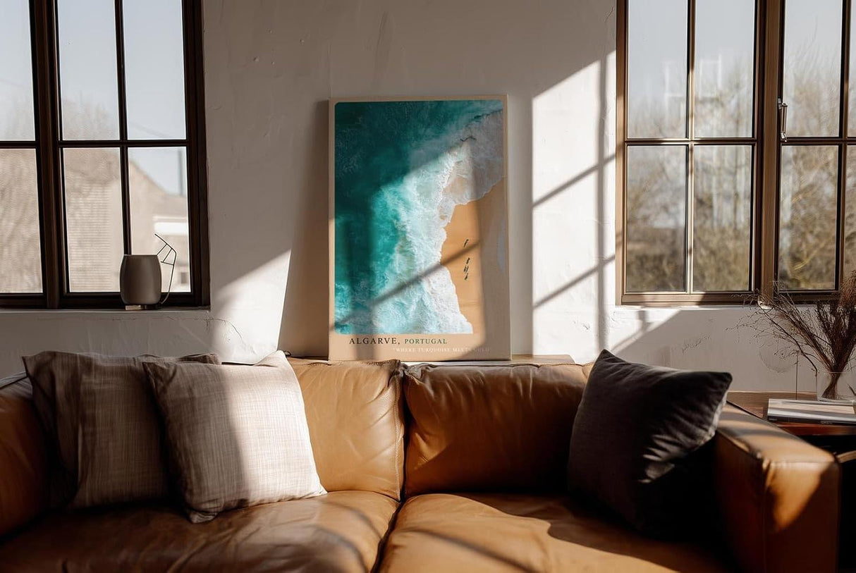 Paul Sinus Wandbild in 40x60cm Algarve Portugal – Luftaufnahme von Küste und Meer in Türkisund Goldtönen