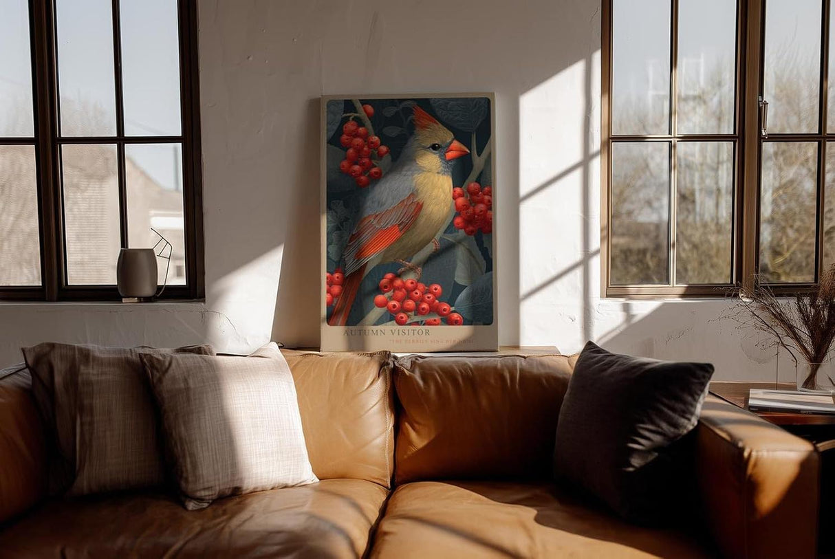 Paul Sinus Wandbild in 40x60cm Autumn Visitor – Detailreiche Darstellung eines farbenprächtigen Vogels zwischen leuchtend roten Beerenzweigen