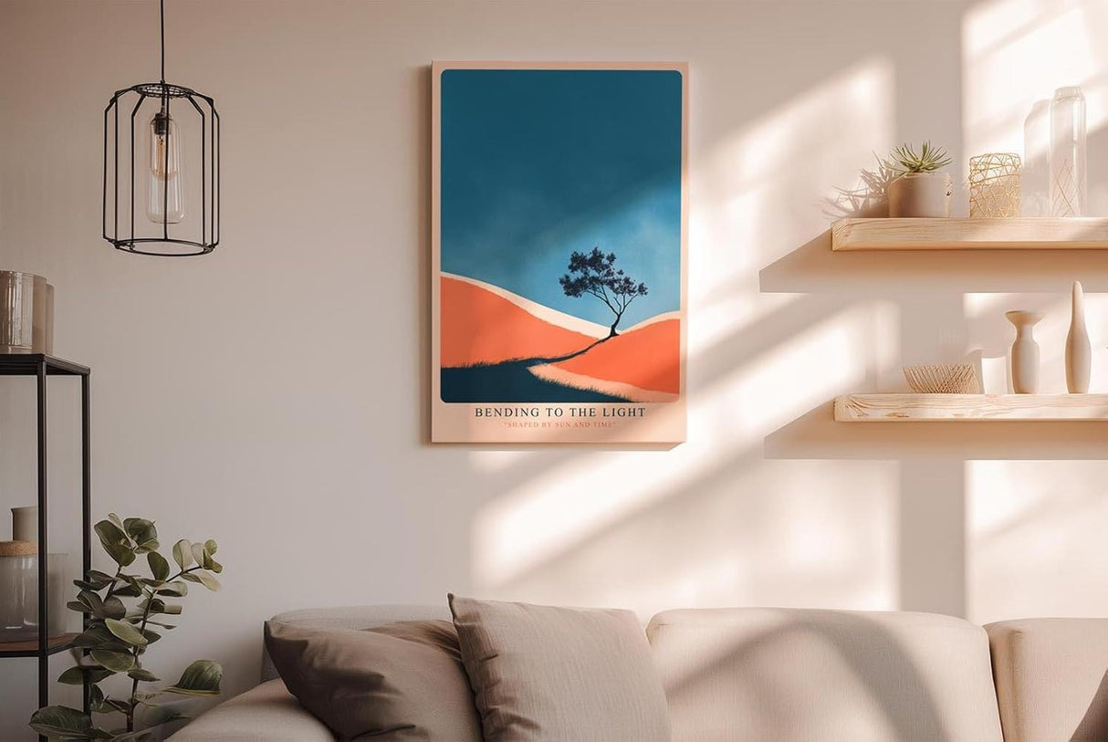 Paul Sinus Wandbild in 40x60cm Baum auf farbintensiver Hügellandschaft – minimalistisches Naturmotiv mit grafischem Farbkontrast