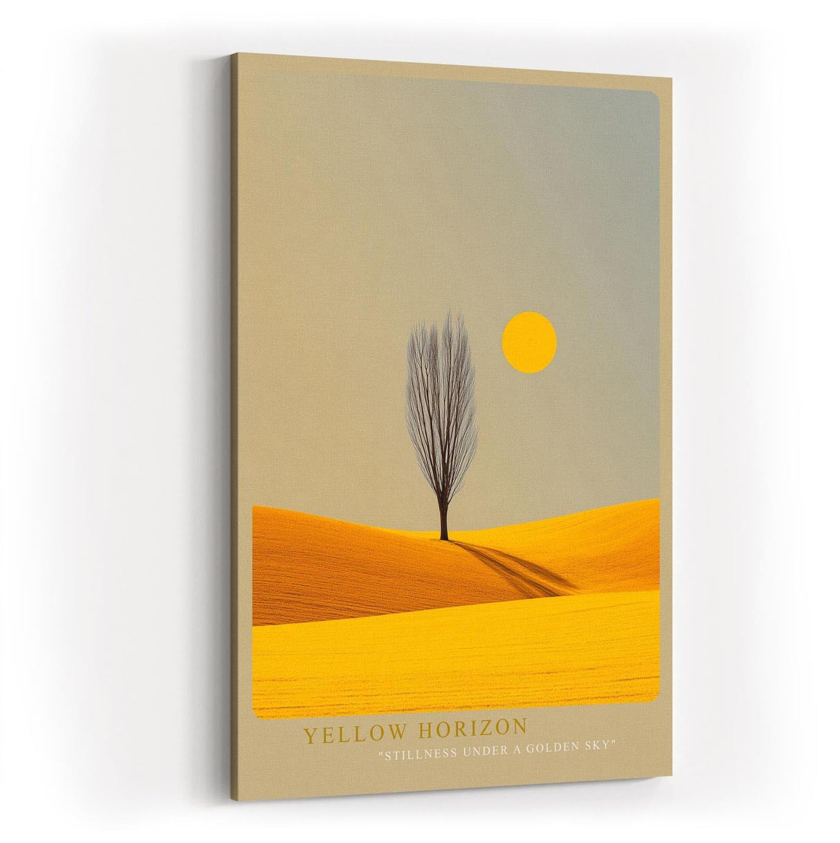 Paul Sinus Wandbild in 40x60cm Baum auf goldgelbem Feld mit Sonne – minimalistisches Landschaftsmotiv für moderne Raumgestaltung