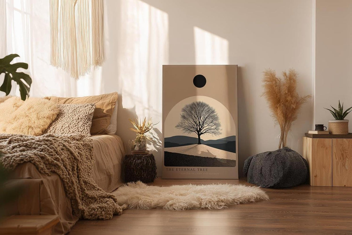 Paul Sinus Wandbild in 40x60cm Baum im Lichtkreis mit schwarzer Sonne über minimalistischer Landschaft