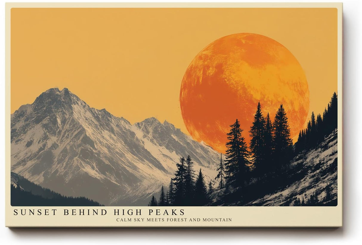 Paul Sinus Wandbild 120x80cm Berge mit großer Abendsonne moderne Landschaft Illustration orange grau Natur Kunstbild stilvolle