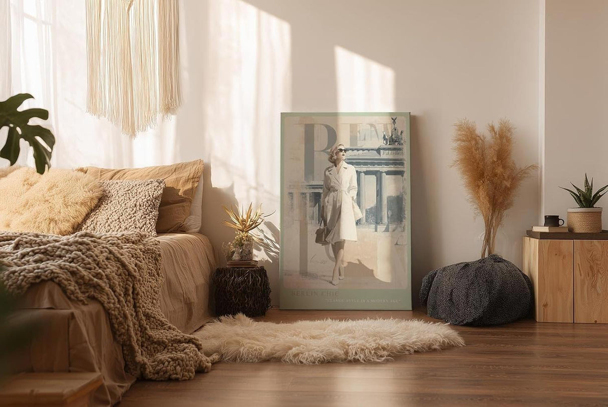 Paul Sinus Wandbild in 40x60cm Berlin Chic Frau im weißen Mantel vor Brandenburger Tor klassische Eleganz auf Leinwand