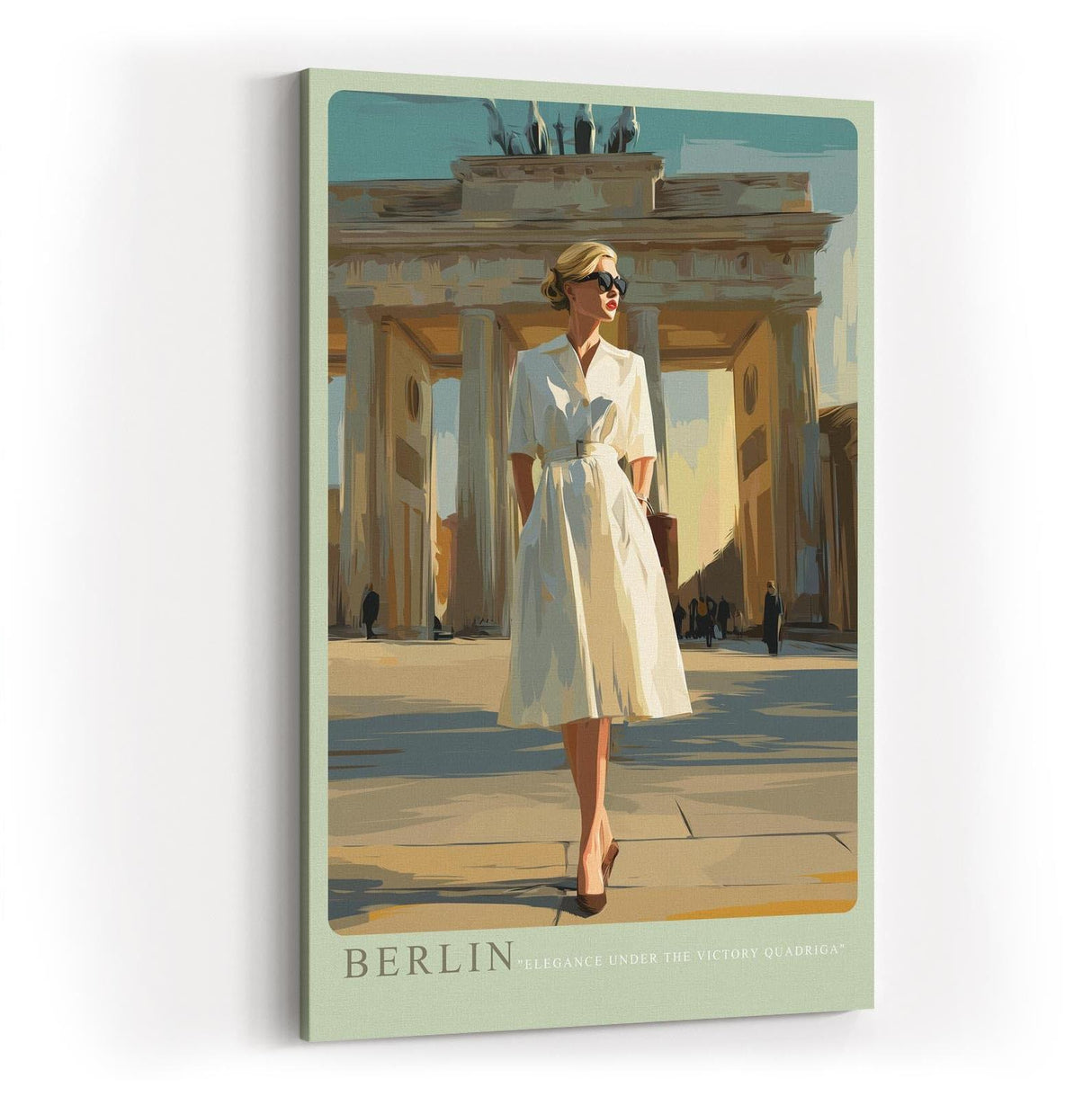 Paul Sinus Wandbild in 40x60cm Berlin – elegante Frau in Weiß vor dem Brandenburger Tor im malerischen Stil