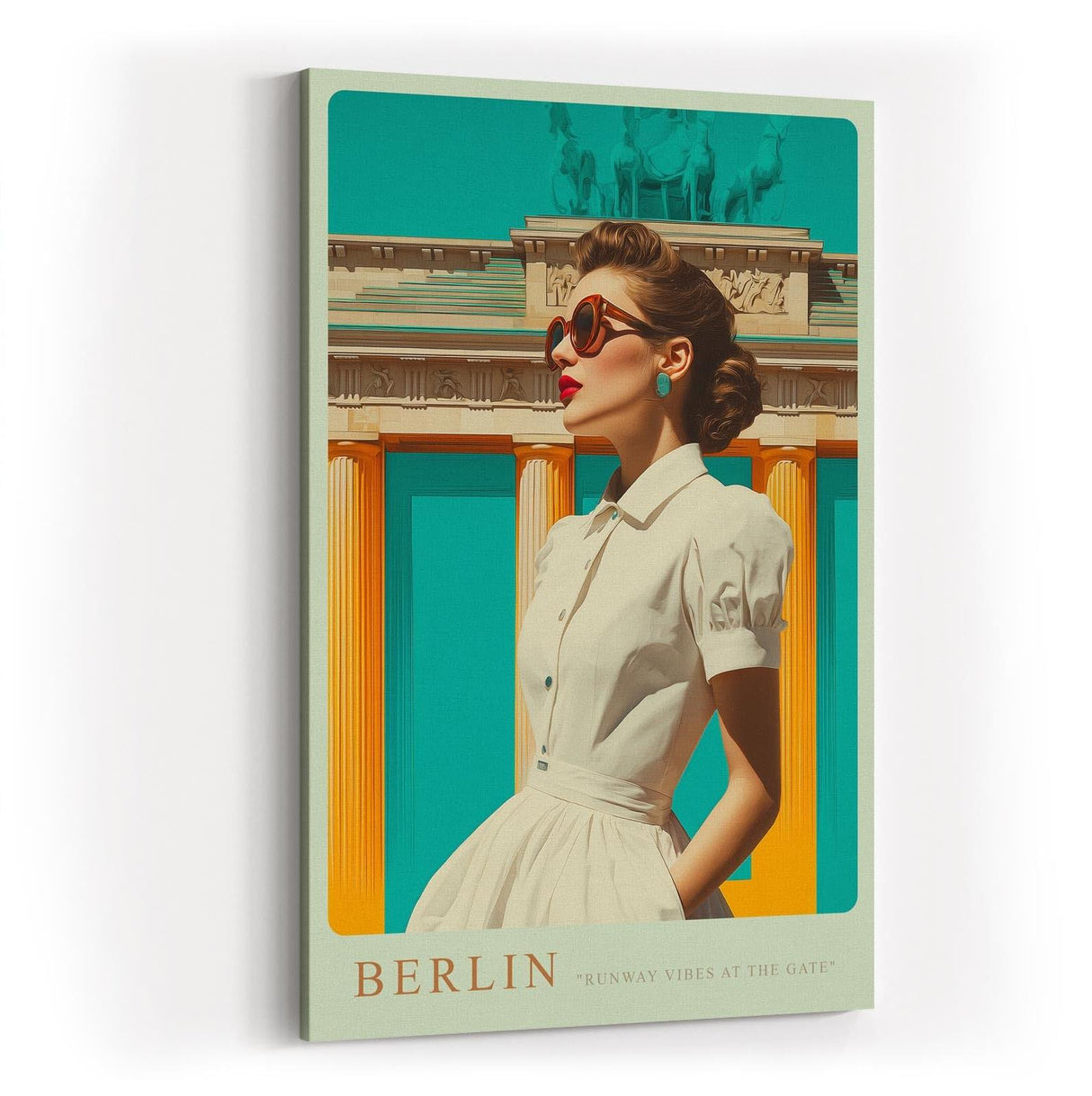 Paul Sinus Wandbild in 40x60cm Berlin – modebewusste Frau vor dem Brandenburger Tor in kräftigen Farben