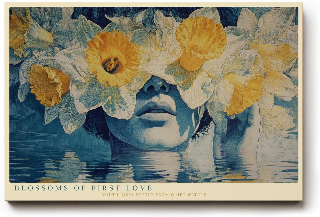 Paul Sinus Wandbild 120x80cm Blossoms of First Love surrealistisches Portrait mit Narzissen Blumen Kunst Poster für Wohnzimmer Schlafzimmer