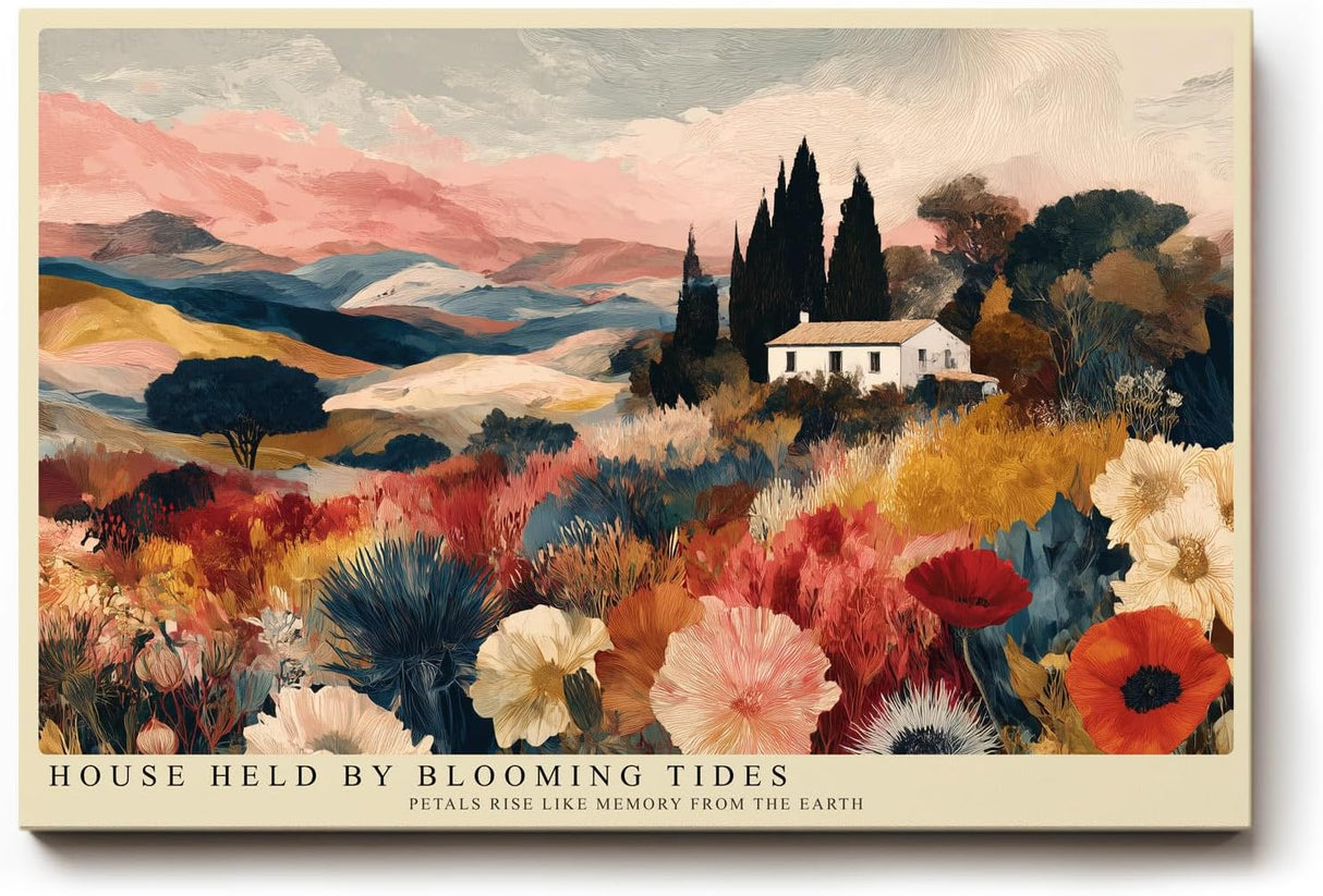 Paul Sinus Wandbild 120x80cm Blumen Landschaft Haus Natur Kunstmotiv Farbenreiche Landschaft mit Blumenfeld und Landhaus