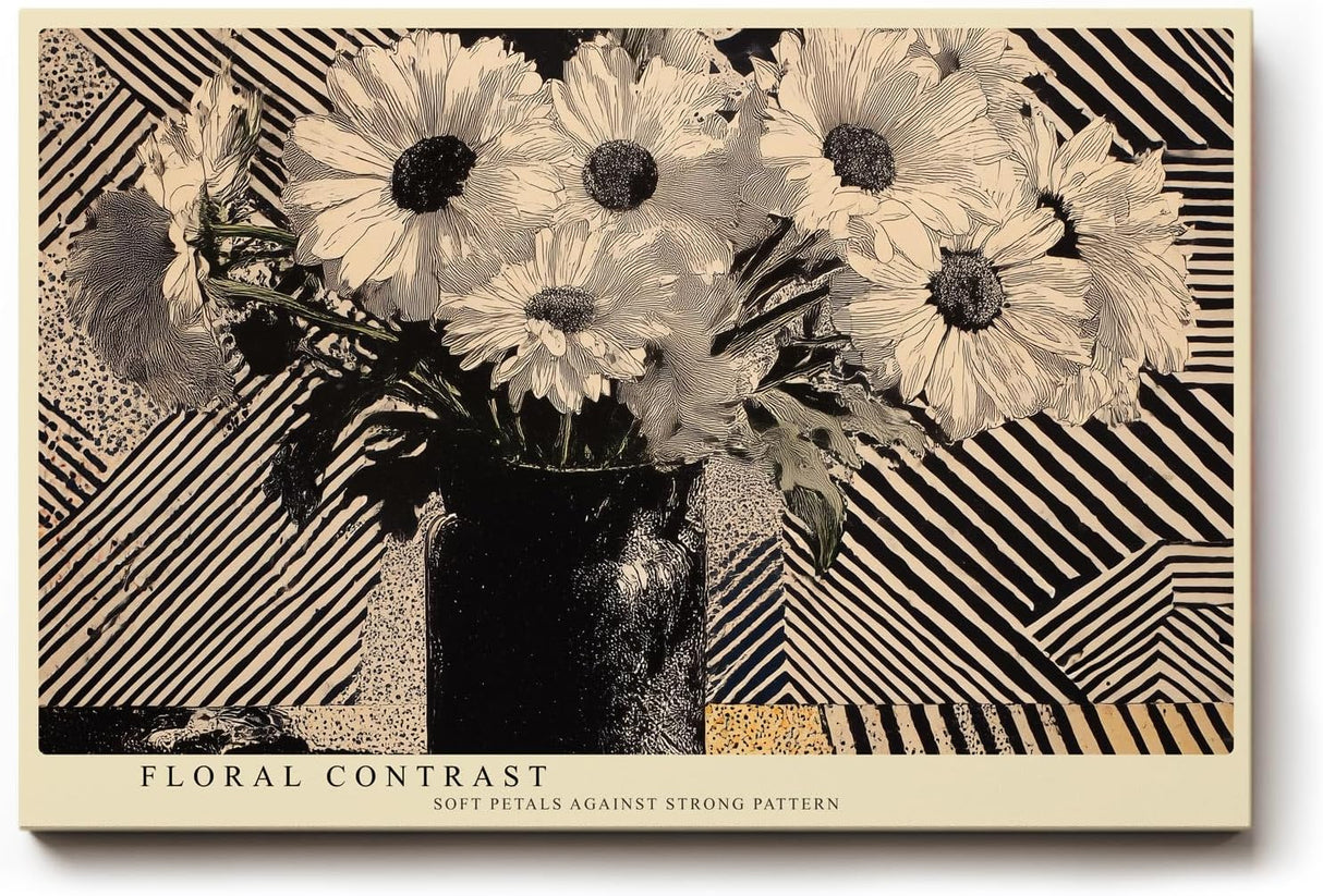 Paul Sinus Wandbild 120x80cm Blumen Stillleben schwarz weiss grafisches Muster moderne florale Kunst Wanddekoration fuer Wohnzimmer Büro
