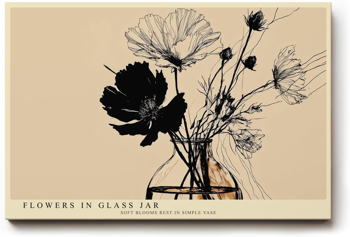 Paul Sinus Wandbild 120x80cm Blumen in Vase minimalistische Linien Illustration beige schwarz botanisches Kunstbild modernes Naturmotiv stilvolle