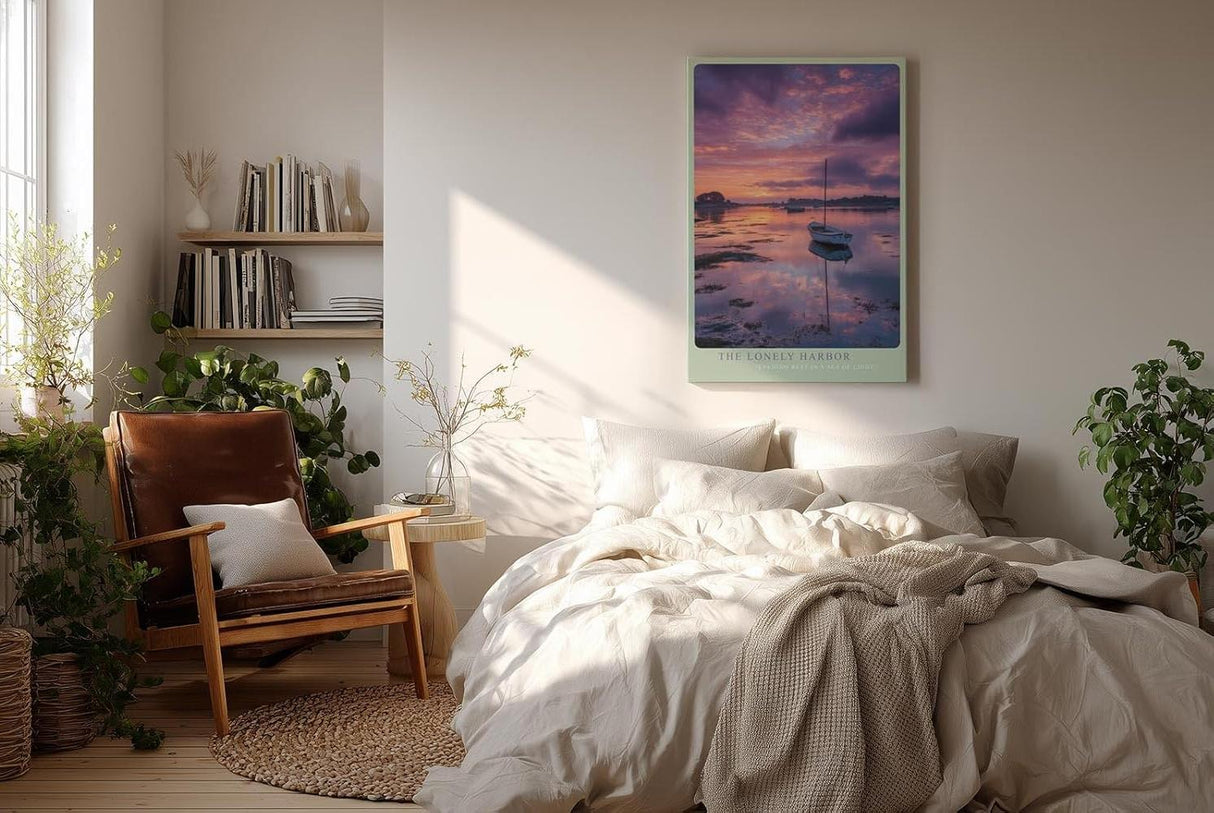 Paul Sinus Wandbild in 40x60cm Boot im Hafen bei Sonnenuntergang mit violett-pinkfarbenem Himmel und ruhigem Wasser