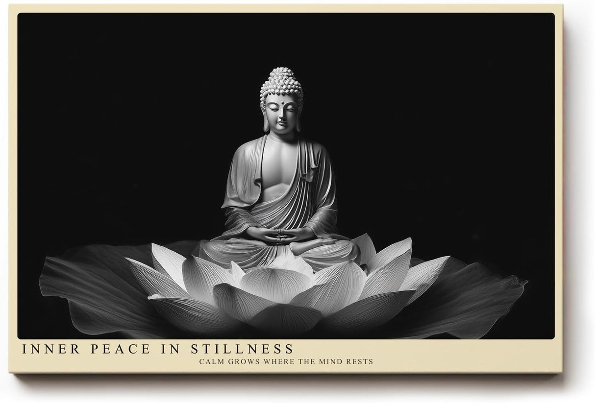 Paul Sinus Wandbild 120x80cm Buddha Statue Lotus Bluete schwarz weiss spirituelle Zen Kunst ruhige Meditation Wanddekoration fuer Wohnzimmer Yoga Raum