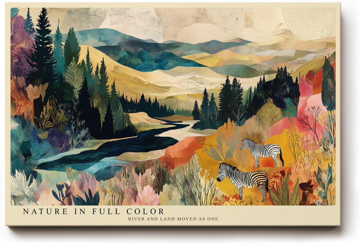 Paul Sinus Wandbild 120x80cm Bunte Landschaft mit Fluss Wald und Zebras Moderne Naturkunst Wanddekoration Wohnzimmer