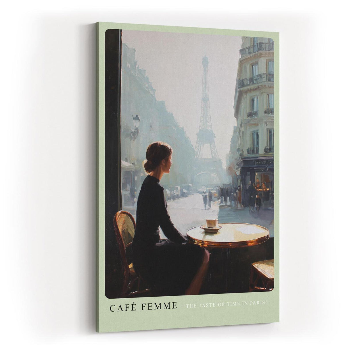 Paul Sinus Wandbild in 40x60cm Café Femme – Romantische Szene einer Frau in einem Pariser Café mit Blick auf den Eiffelturm, moderne Bilder in sanften, stimmungsvollen Farbtönen