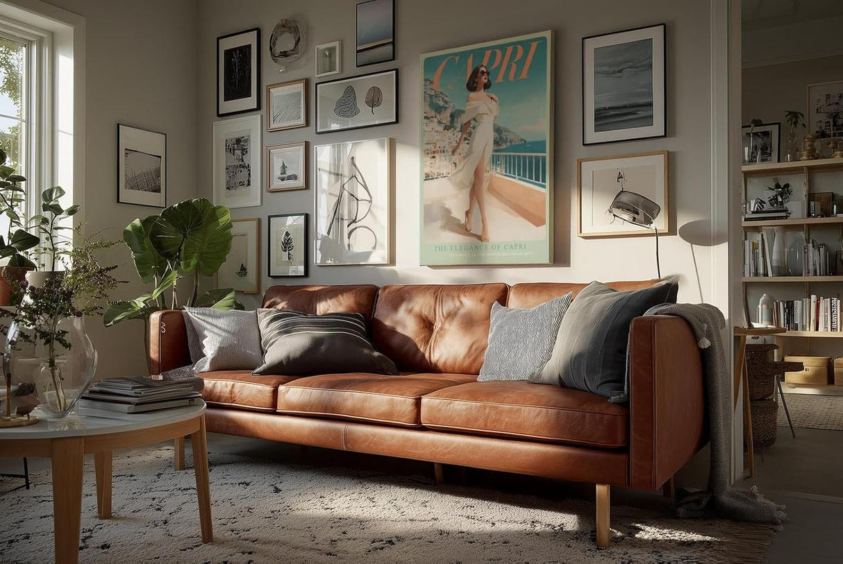 Paul Sinus Wandbild in 40x60cm Capri Küstenidylle mit eleganter Frau im weißen Kleid mediterrane Kunst auf Leinwand