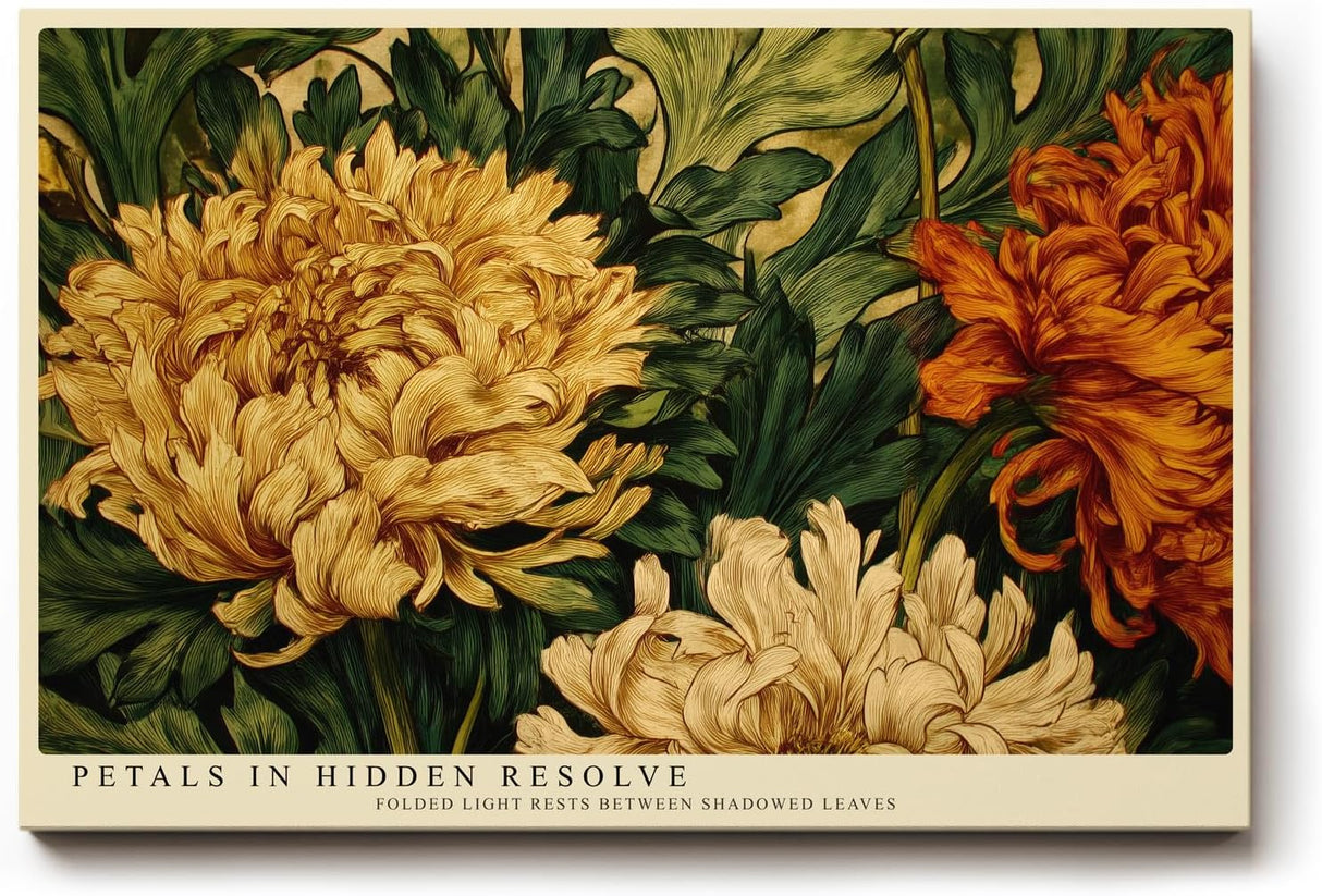 Paul Sinus Wandbild 120x80cm Chrysanthemen Blumen Kunst Klassisches Florales Motiv in Gold und Gruen fuer Wohnzimmer Schlafzimmer und Esszimmer
